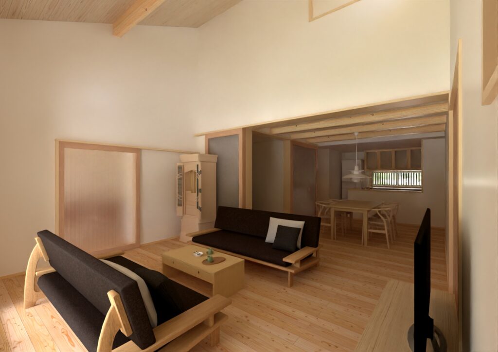 陽の栖小林建設が群馬県高崎市に建てた新築注文住宅の完成見学会の南側内観パース